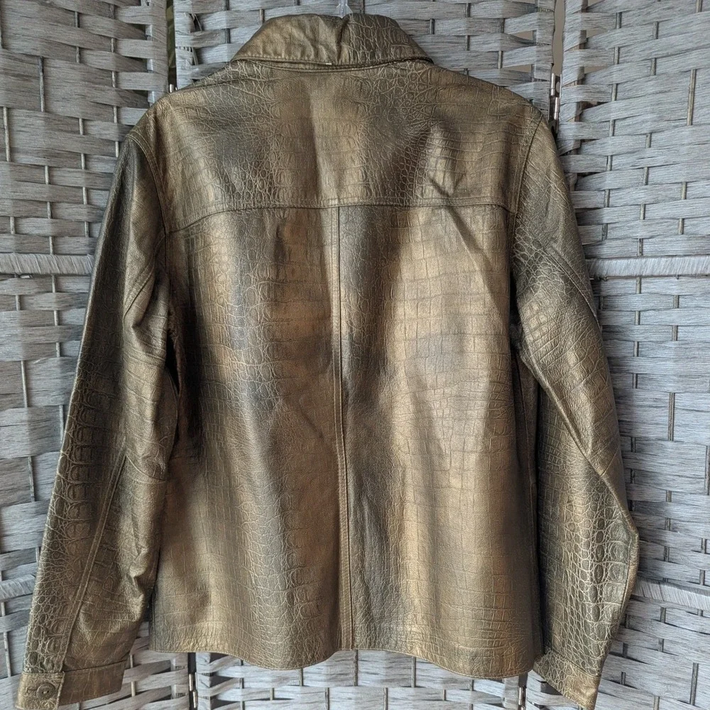 Chico's Leather Jacket Gold Croc Embossed Metallic Sz 1‎ (M 8/10) Glam Mobwife